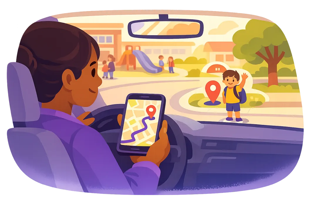 Parent at a school pickup viewing a route to their child's location on an Android phone with Kubo