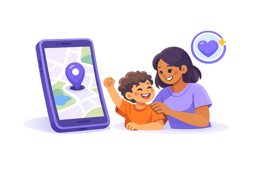 Parent and happy child next to a phone showing a child's location on a map, tracked for free with Kubo on Android
