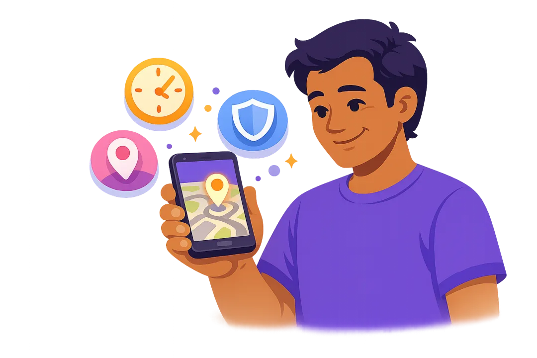 Parent using the Kubo parental control app on Android with screen-time, website protection, and location icons